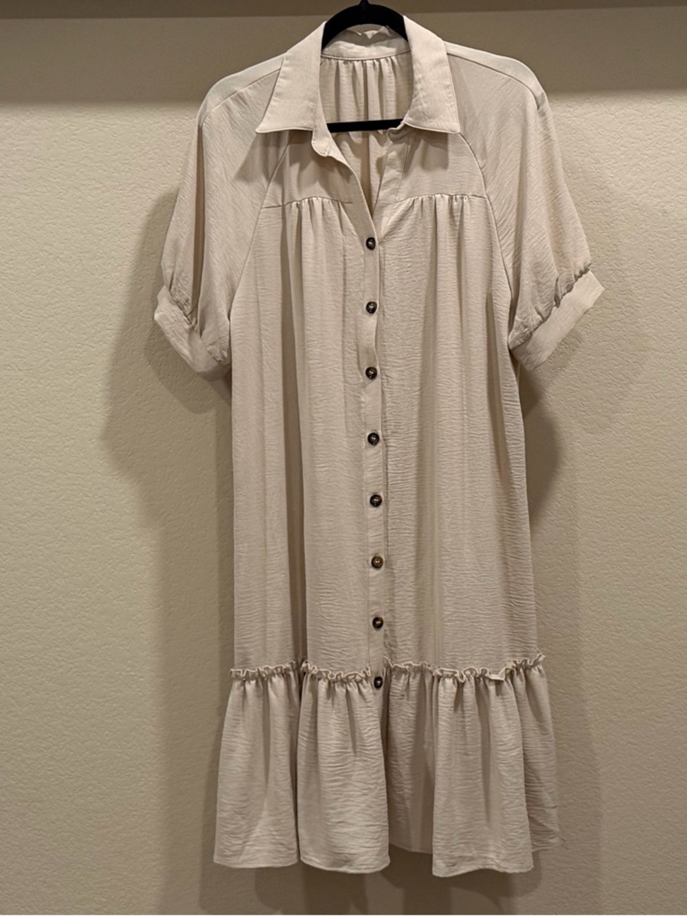 Neutral Beige Button-Front Midi Dress with Short Sleeves and Ruffled Hem